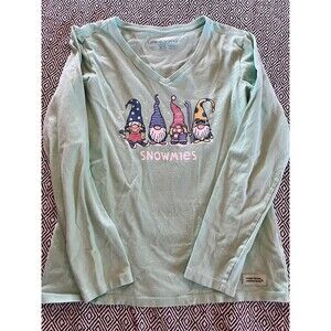 Life is Good Shirt, Women's XS 3/4 Sleeve, Snowmies, Holidays EUC Green